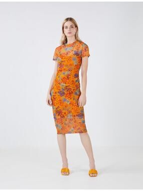 BCBGMAXAZRIA Floral Orange Sheath Dress Short Sleeve Side Ruched SZ M